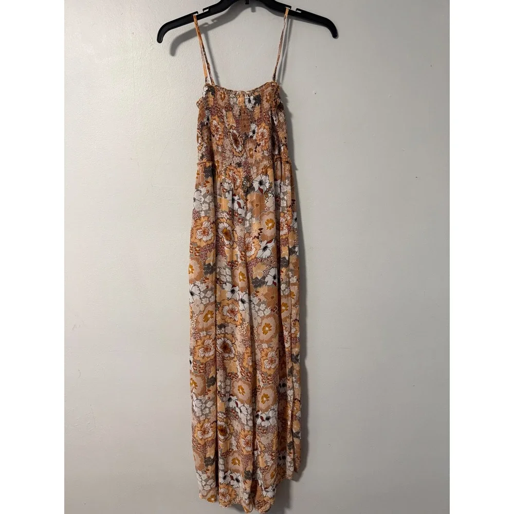 Kori Womens Floral Smocked Wide Leg Jumpsuit Spaghetti Strap Orange Boho Small